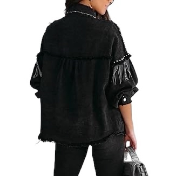 FINDTHY Women’s Fashion Rhinestone Fringe Jacket Long Sleeve Denim Jean Jacket - Picture 7 of 11